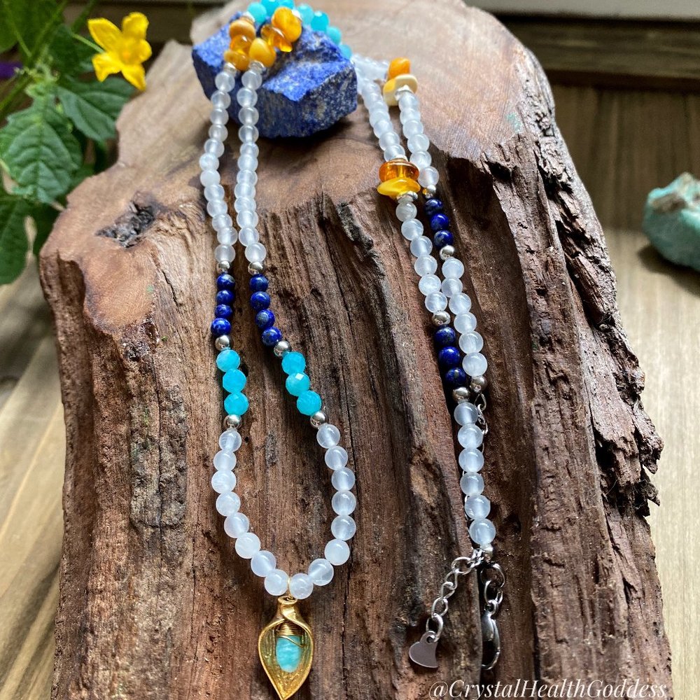 Selenite Baltic Amber Amazonite Lapis Lazuli Necklace